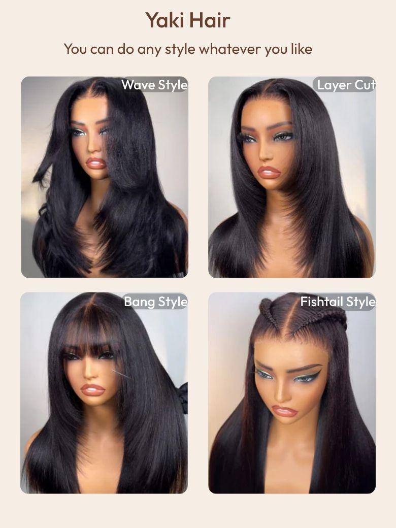 Bye Bye Knots? Wig 7x5 Glueless Lace Black Yaki Straight Wig With Elastic Drawstring 360 Cozy Hug