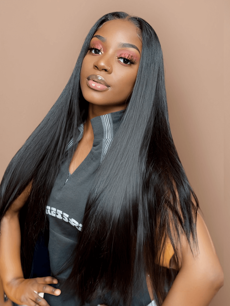 Straight Hair 4 Bundles with T Part Lace Closure Middle Part Closure,Natural Black 100% Virgin Hair