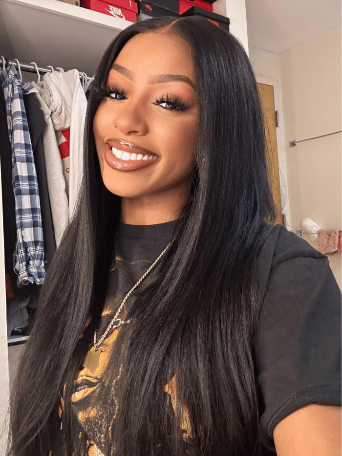 Petaluxe [18"=$89] 6x4.5 Put On & Go Glueless Lace Black Yaki Wig With Bleached Knots