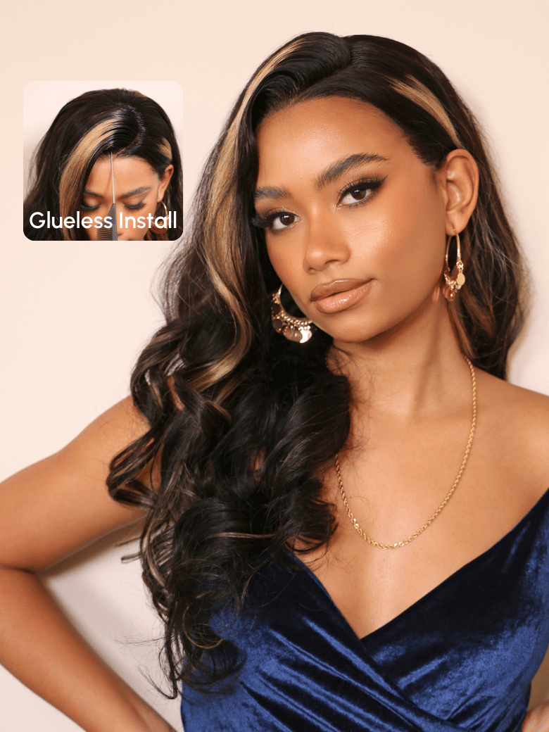7x5 Bye Bye Knots™ Glueless Lace Wig Black With Blonde Highlights 3D Body Wave Bleached Knots
