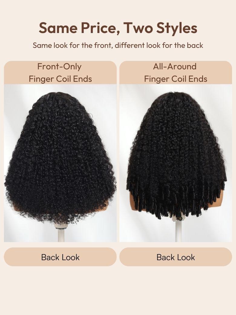 Side-by-side comparison of two wigs on mannequins. Left wig has even, curly ends all around; right wig has curly ends at the front with straighter ends at the back.