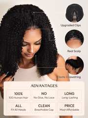 EasiContour? V Part Glueless Yaki Straight Wig With Invisi Drawstring 100% Human Hair 150% & 180% Density