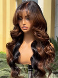 Petaluxe 13x4 Pre-Everything Black with Brown Money Piece Natural Fluffy Loose Wave Curtain Bangs Wig & 7x5 Highlight Body Wave Bye Bye Knots Wig