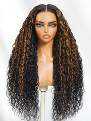 Bye-Bye Knots 7x5 Lace Water Wave Black Wig With Golden Brown Highlights
