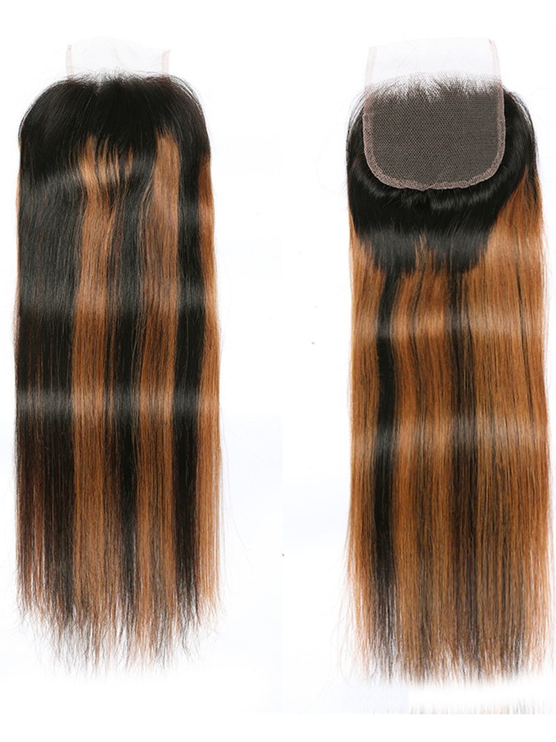 Brown Highlights Human Hair 4x4 Free Part Silky Straight Top Lace Closure Piano Color