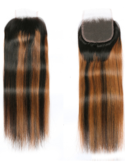 Brown Highlights Human Hair 4x4 Free Part Silky Straight Top Lace Closure Piano Color
