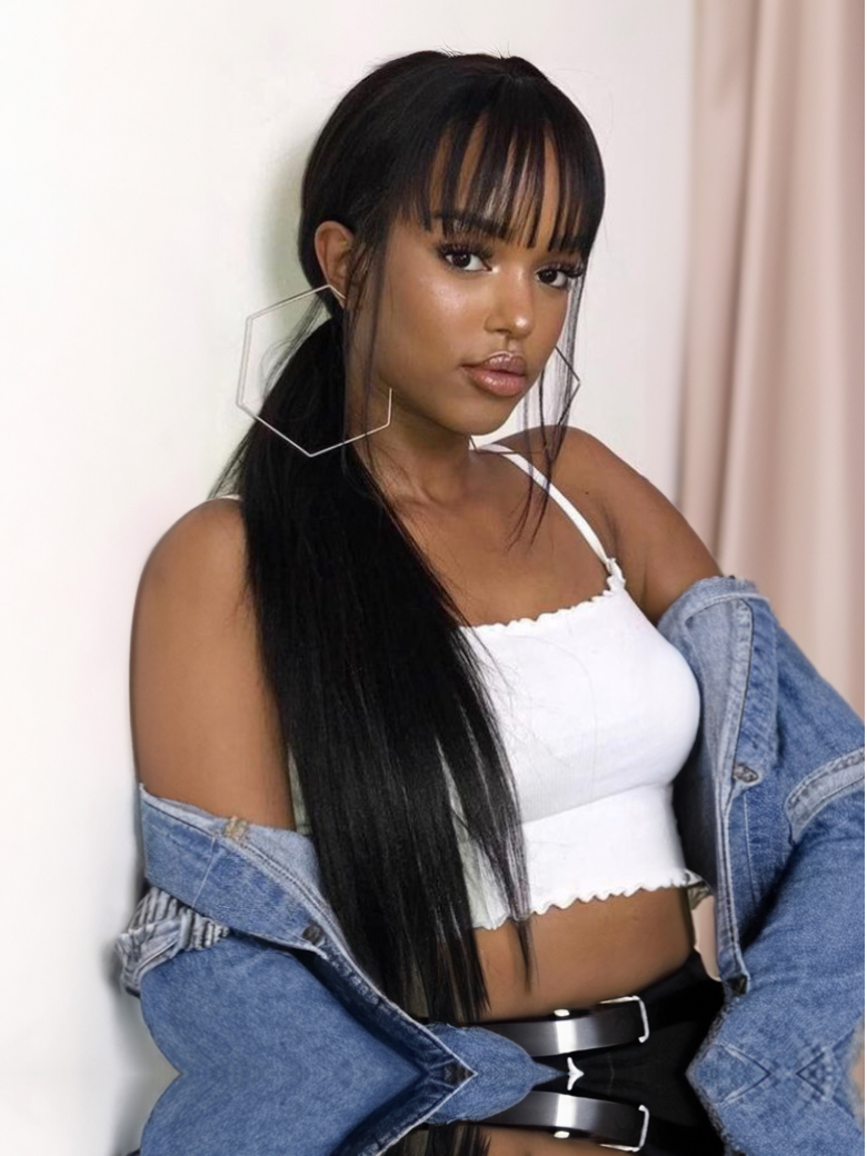13x4 Transparent Lace Frontal Straight Hair With Bangs Pre Plucked Human Hair Wig