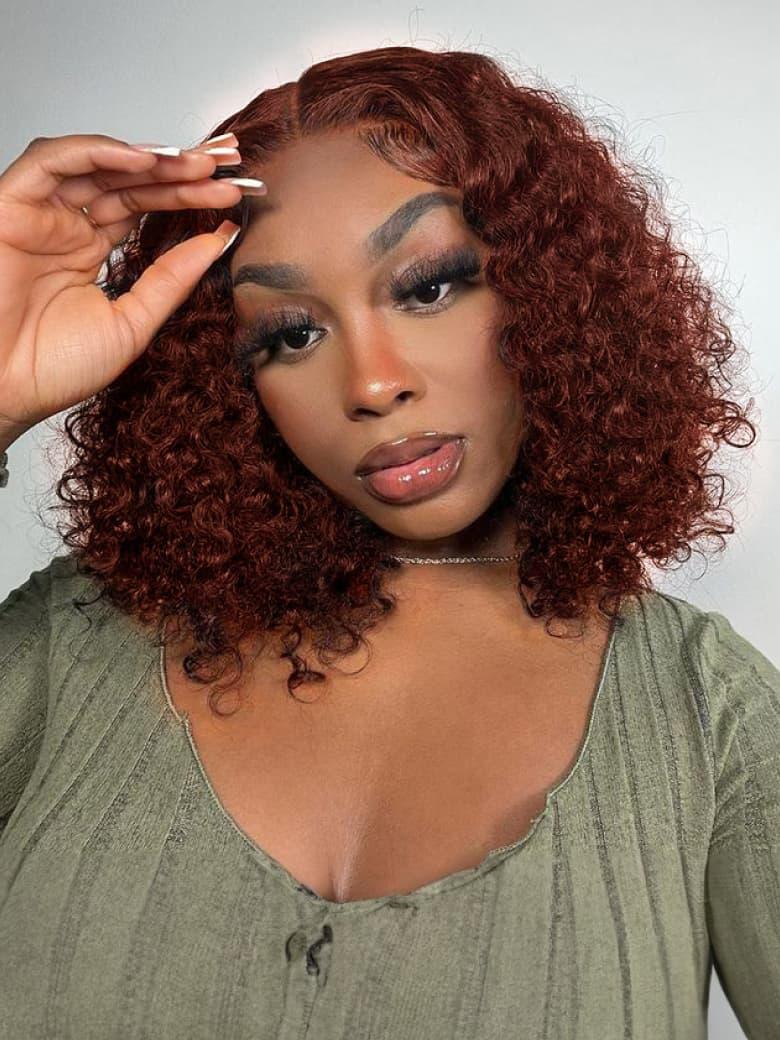 Bye-Bye Knots Lace Frontal Side Part Wig Reddish Brown Short Curly Bob Wig