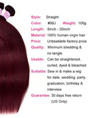 99j Straight Human Hair 3 Bundles 100g/Bundles Human Virgin Hair Red Wine Burgundy Color Hair Weave Icenu Series