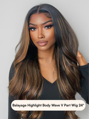 [$79=24"] All 180% Density Pre-Cut 6x4.5 Glueless Lace Honey Brown Highlights/ Reddish Brown/ Body Wave... Wig With Bleached Knots