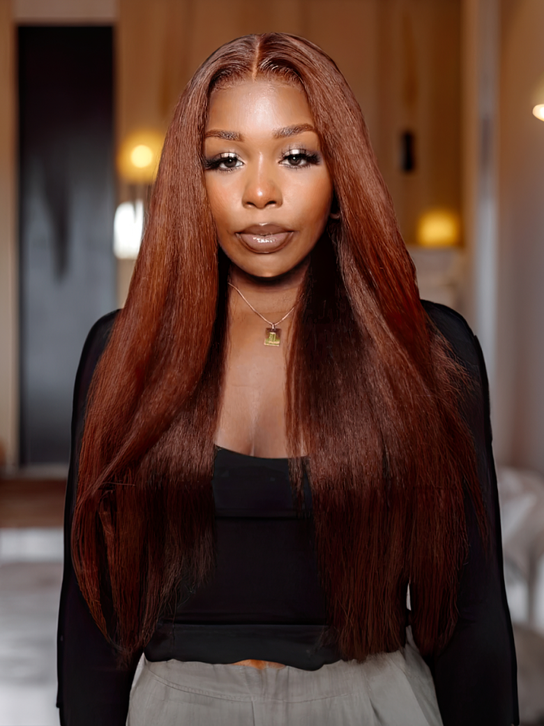 13x4 Lace Front Wig Kinky Straight 4C Hair Reddish Brown Human Hair Wig