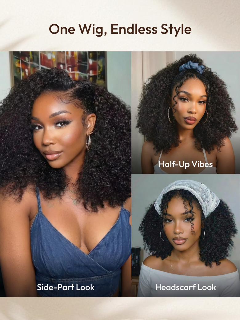 7x5 Bye Bye Slip? Lace Natural Black Afro Kinky Curly with Finger Coil Ends Drawstring Wig 180% Density