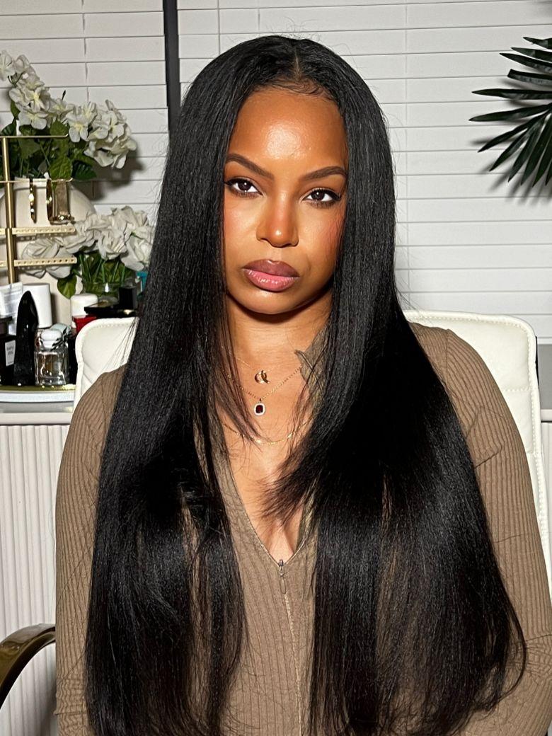 EasiContour? V Part Glueless Yaki Straight Wig With Invisi Drawstring 100% Human Hair 150% & 180% Density