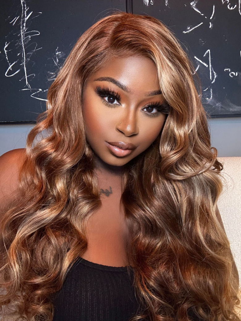 [From 20"] 13x4 Lace Front Golden Brown With Flaxen Highlights Loose Wave Wig 150% Density Only for US