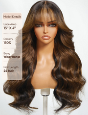 Bye-Bye Knots 13x4 Black with Brown Money Piece Natural Fluffy Loose Wave Curtain Bangs Wig