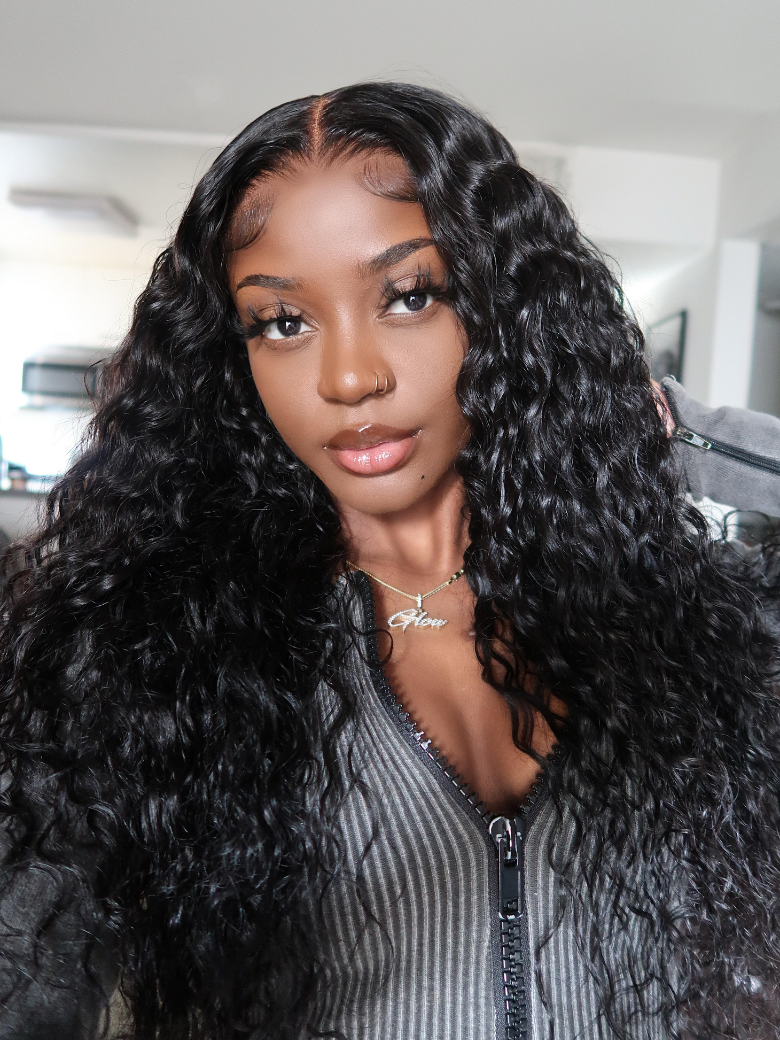 [22"=$147] 200% Density 6x4.5 Lace Put On And Go Glueless Wig Pre Cut & Pre Bleached Lace Black Water Wave Wig With Baby Hair