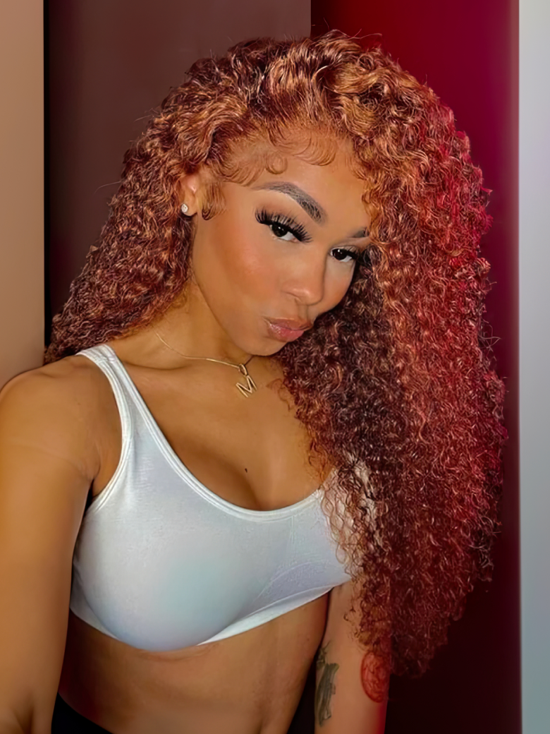 [From 18"] 13x4 Lace Frontal Auburn Brown Hair Color Jerry Curly Human Hair Wigs 150% Density