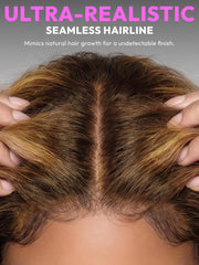 Extreme close-up of a 100% glueless bronde highlight wig hairline featuring a pre-plucked lace middle part and realistic baby hairs for a seamless blend.