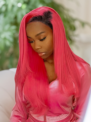 Rose Red Ombre 13x4 Lace Front Straight Wig With Dark Roots