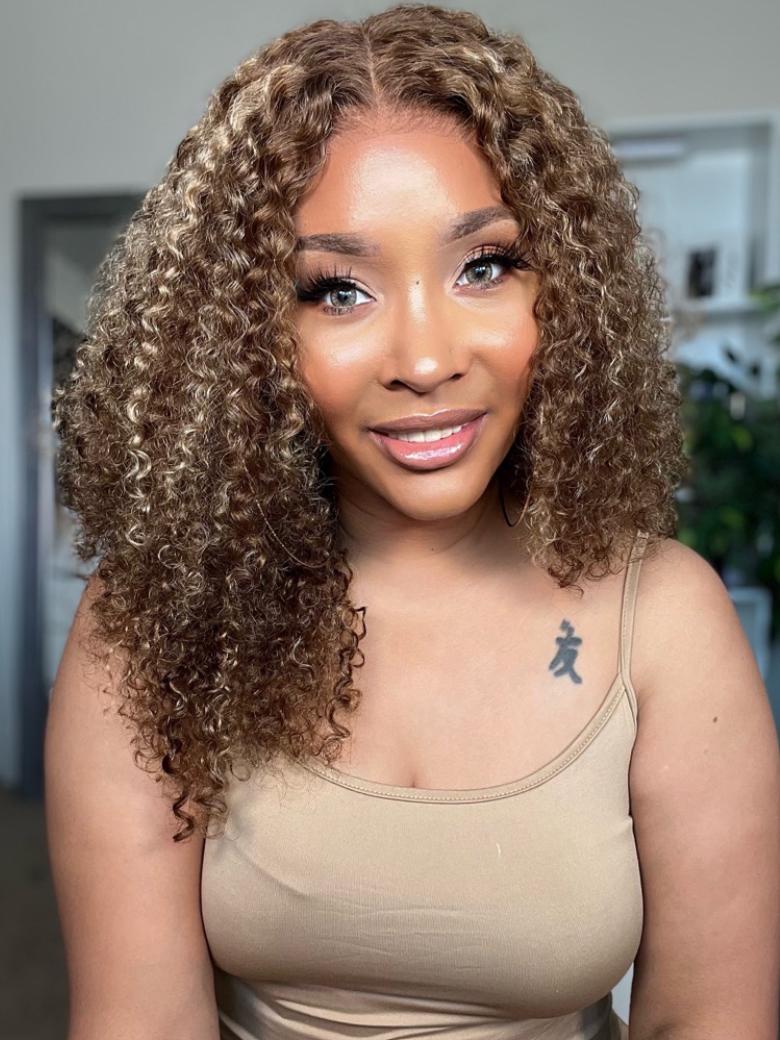 Jerry Curly 4x4 Lace Closure Honey Blonde Balayage On Brown Wig