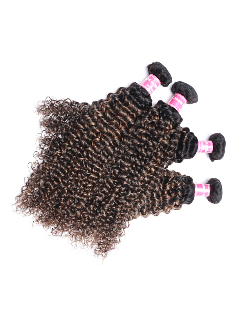4x4 Lace Closure With 4 Bundles Jerry Curly #FB30 Brown Balayage Color