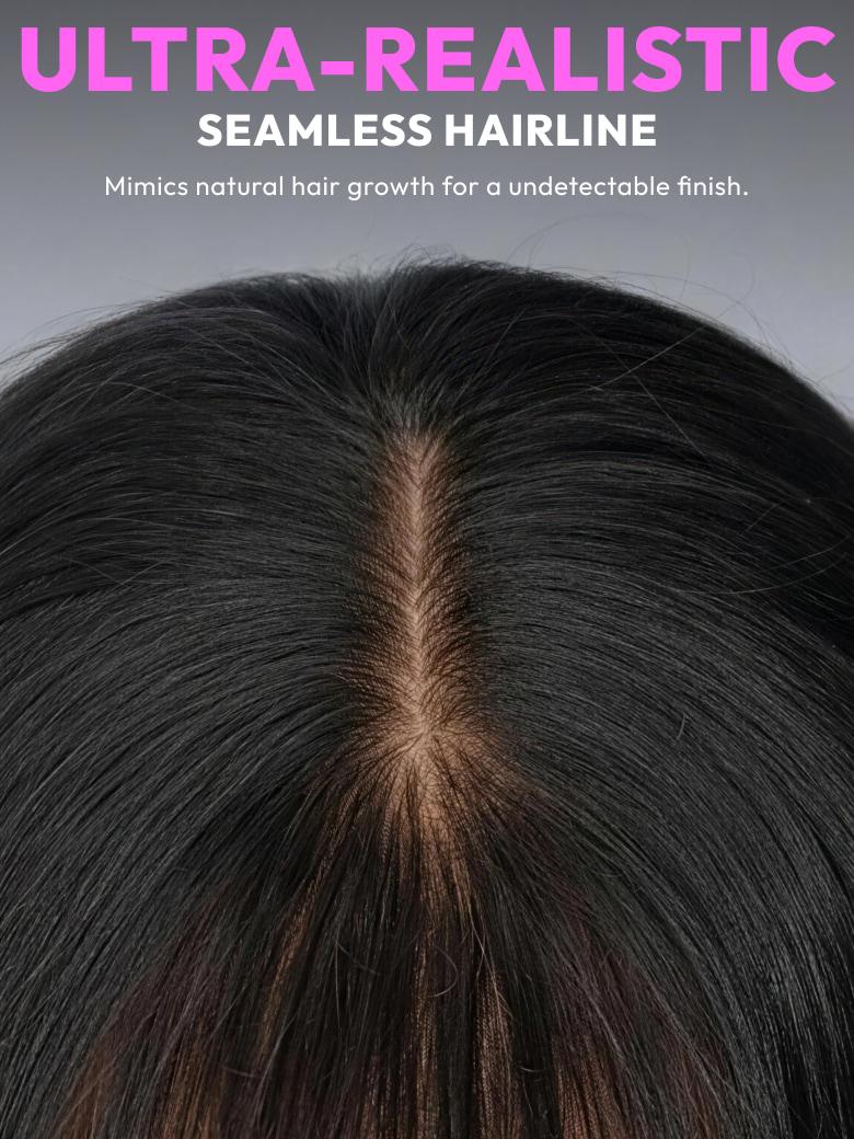 Close-up of glueless human hair wig featuring seamless hairline and realistic scalp appearance.