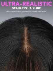 Close-up of glueless human hair wig featuring seamless hairline and realistic scalp appearance.