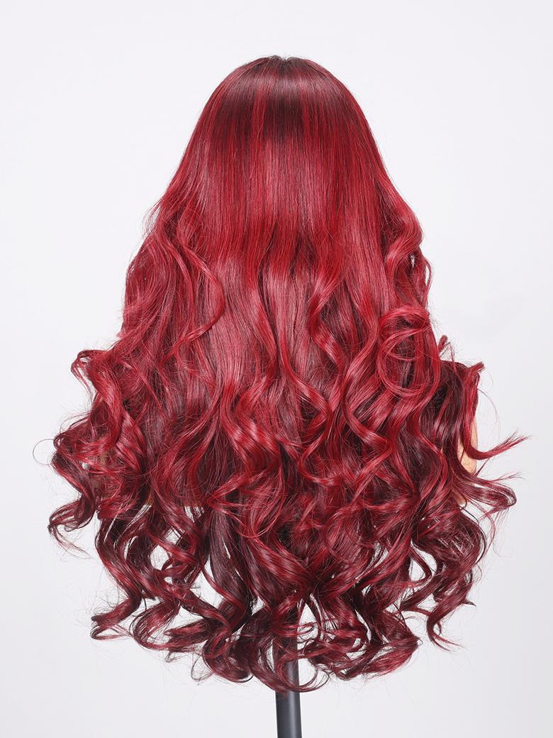 13X4 Lace Front Deep Burgundy With Pink Face Framing Highlights Loose Wave Wig