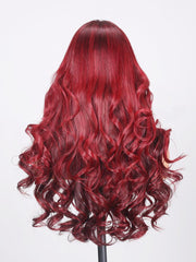 13X4 Lace Front Deep Burgundy With Pink Face Framing Highlights Loose Wave Wig