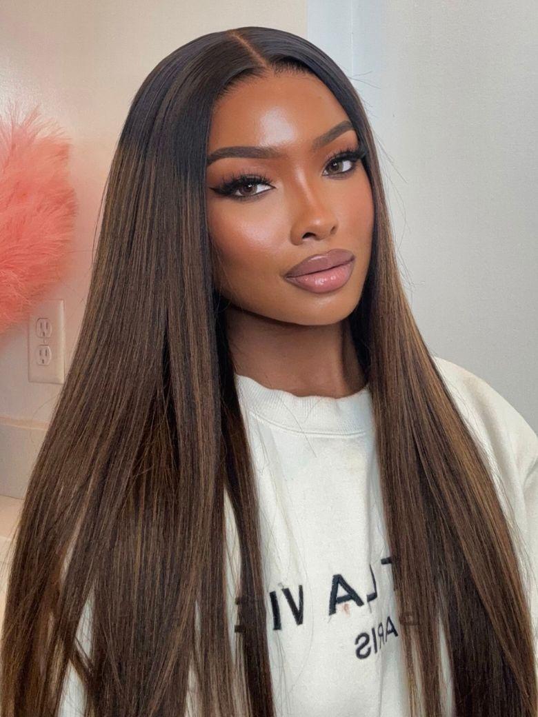 Balayage Highlights 100% Human Hair 13x4 Pre-Everything? Lace Frontal Yaki Straight Drawstring Wig