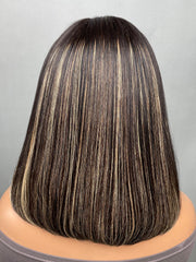 13x4 Lace Front Black Straight Bob Wig With Subtle Blonde Highlights
