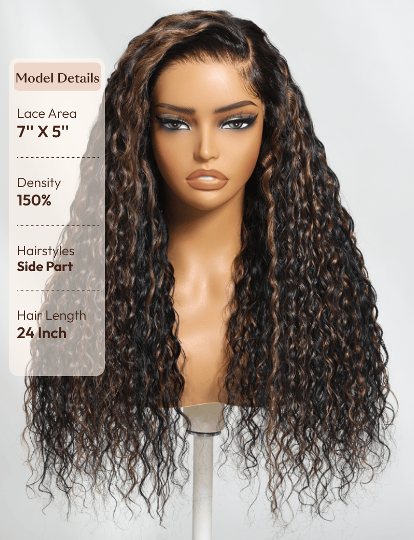 Bye-Bye Knots 7x5 Lace Water Wave Black Wig With Golden Brown Highlights & Natural Black 150% Density Perfect Beach Look for Summer