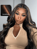 Petaluxe Bye Bye Knots Wig 7x5 Glueless Lace Black With Blonde Highlights 3D Body Wave Bleached Knots Wig No Baby Hair