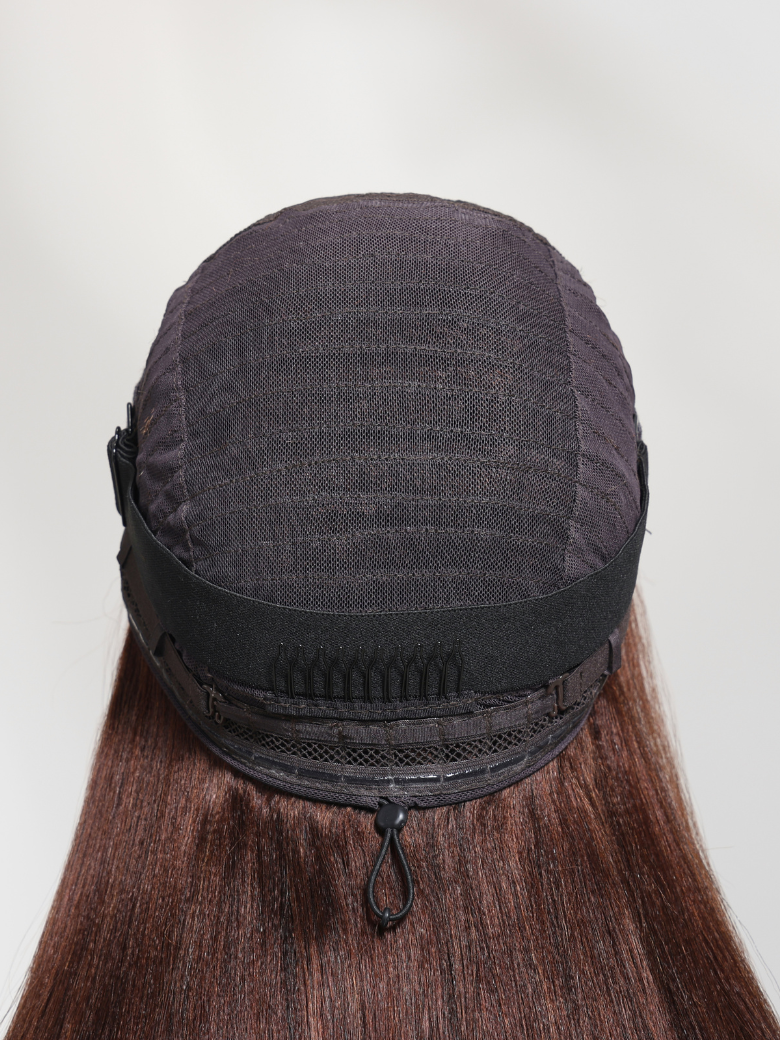 4x4 Pre-Cut Lace Chocolate Brown Yaki Straight Bye Bye Knots Glueless With Drawstring Wig