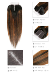 Brown Highlights Human Hair 4x4 Free Part Silky Straight Top Lace Closure Piano Color