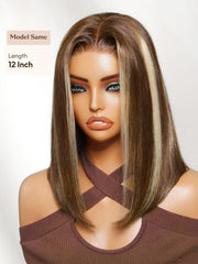 7x5 Bye Bye Slip? Lace Chocolate Brown with Caramel Blonde Highlights Body Wave Wig with Side Part Bangs