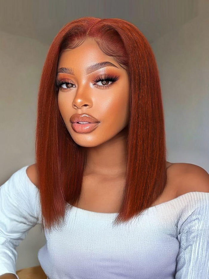 [Limited Time Offer] Petaluxe Bye-Bye Knots 7x5 Lace Reddish Brown Yaki Bob Wig