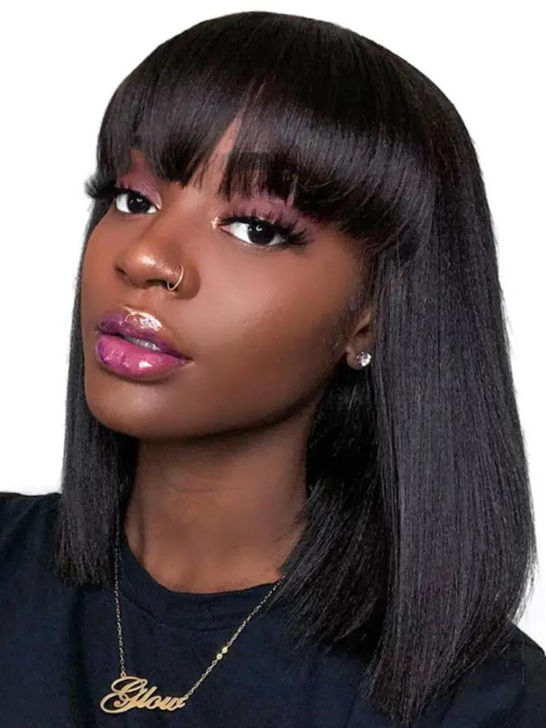 4x0.75 Lace Middle Part Sleek Black Bob Wig With Bangs
