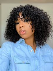 Tousled Curly Short Black Glueless Wig With Bangs