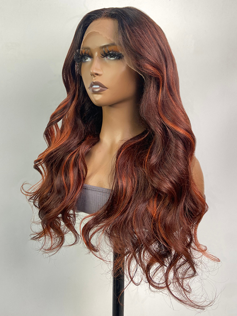 24 Inch 180% Density 13x4 Frontal Auburn Brown with Ginger Highlights Body Wave Wig
