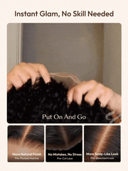 Infographic for a beginner-friendly curly black wig highlighting the pre-plucked hairline, pre-cut lace, and pre-bleached knots for a realistic, scalp-like appearance without professional styling.