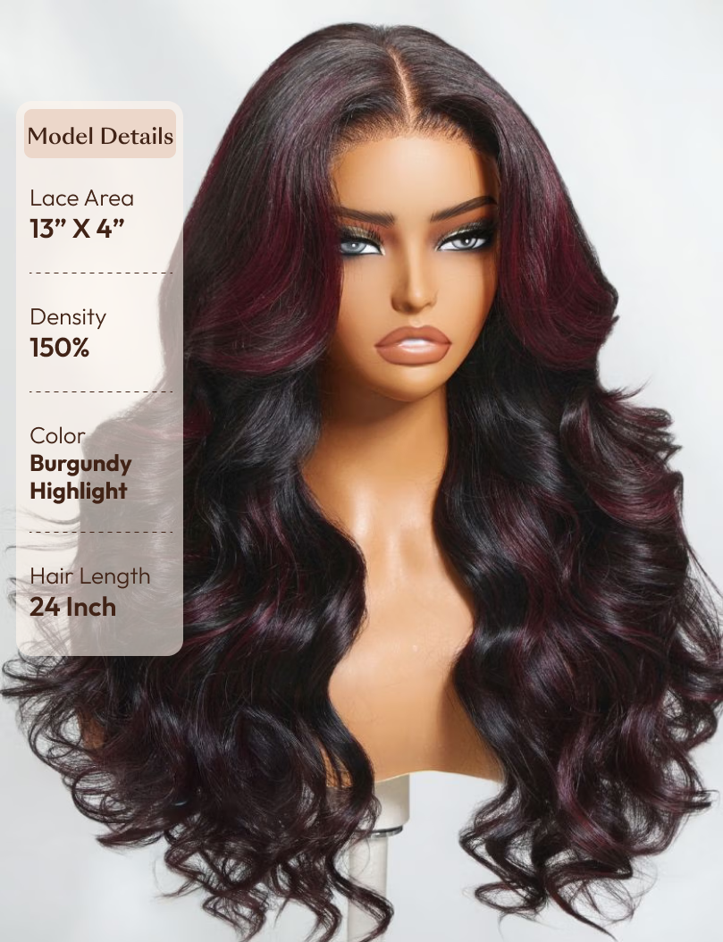 13x4 Pre-Everything? Lace Frontal Deep Burgundy Highlights Loose Wave Drawstring Wig with Face Framing Layers