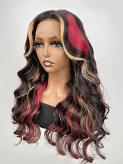 26 Inch Black with Red & Blonde Highlights 13x4 Lace Front Red And Blonde Loose Wave Wig