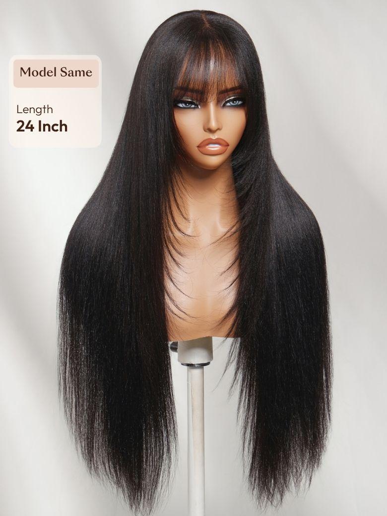 7x5 Bye Bye Slip? Lace Black Glueless Long Layered Yaki Straight Drawstring Wig with Wispy Bangs