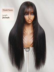7x5 Bye Bye Slip? Lace Black Glueless Long Layered Yaki Straight Drawstring Wig with Wispy Bangs