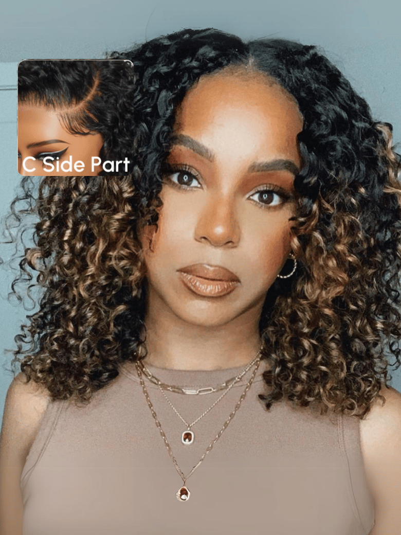 Bye-Bye Knots Lace Frontal Side Part Wig Chestnut Brown Ombre Short Curly Bob Wig