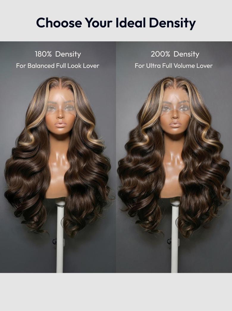 360 HD Lace Pre-plucked Luxury Raw Virgin Hair Chocolate Brown Balayage Body Wave Wig with Money Piece Highlights