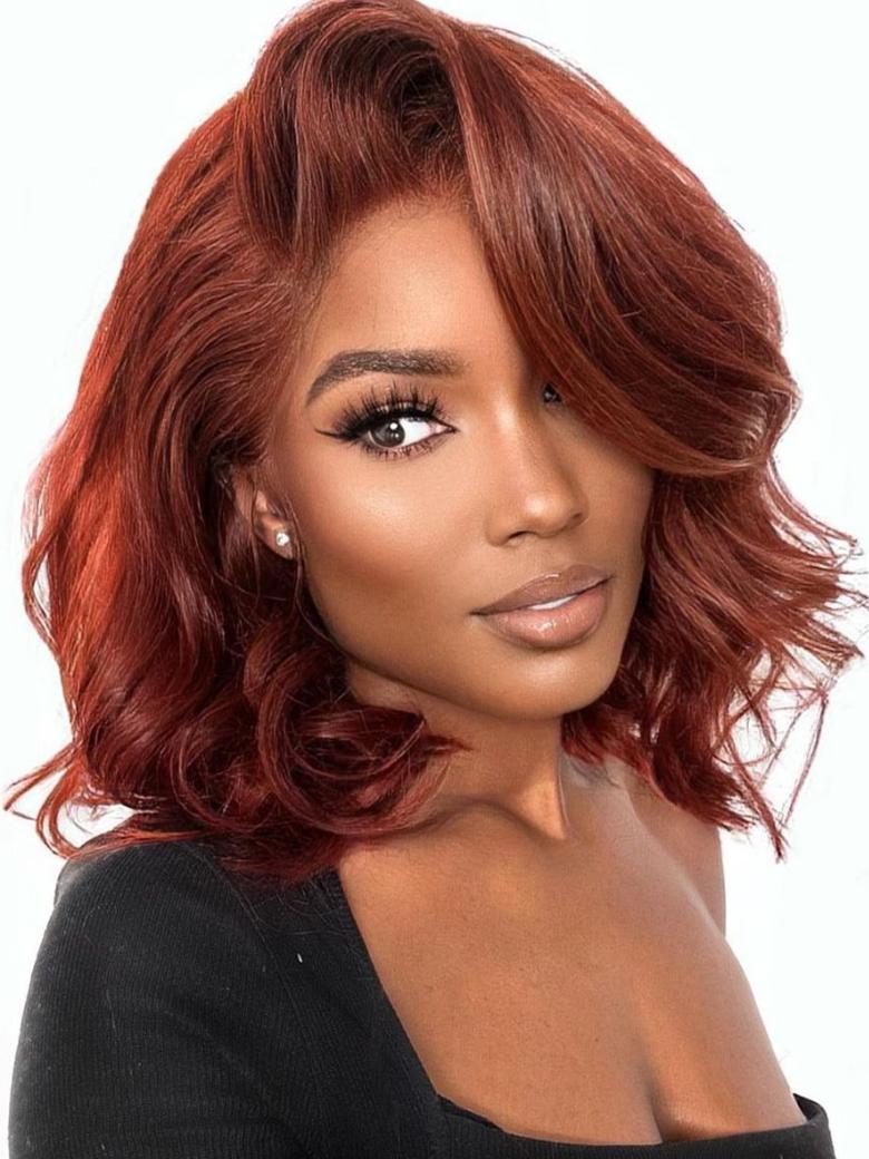 14 Inch Dark Copper Red Straight Bob Wig Lace Part Frontal Wigs