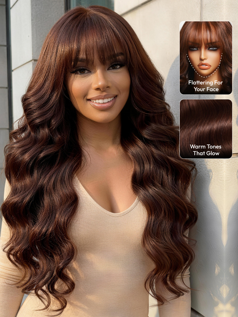 7x5 & 13x4 Bye Bye Slip? Lace Auburn/Red Brown Fluffy Loose Wave Wig with Wispy Bangs 180% Density