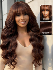 7x5 & 13x4 Bye Bye Slip? Lace Auburn/Red Brown Fluffy Loose Wave Wig with Wispy Bangs 180% Density